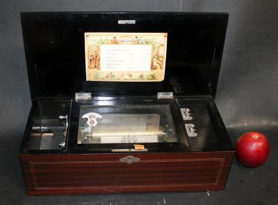 Swiss cylinder music box in inlaid case. 6 song. Late 19th/early 20th century. 5"h x 16 3/4"l x 