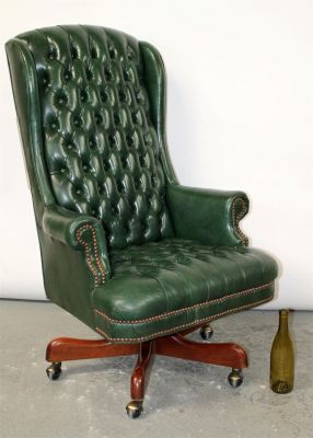 Hickory tufted leather desk chair with brass nail head trim. 21st century. 47 1/2"h x 30"w x 