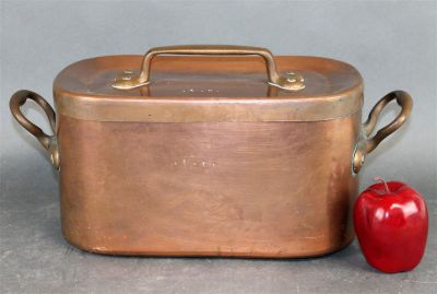 French polished copper lidded daubiere with handles. 8 1/2"h x 18"w x 8"d overall. Marked with 