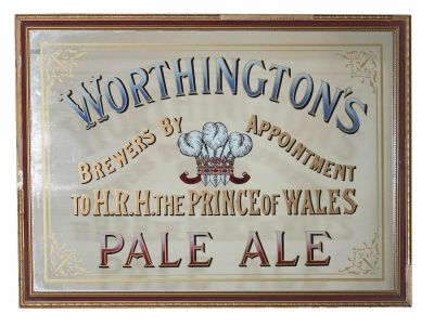 Worthington's Pale Ale Reverse on glass pub mirror. Early 20th century. From Olde Blind Dog 