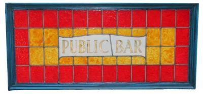 Antique Irish stained and leaded glass "Public Bar" pub window. Rare Antique Irish stained and 