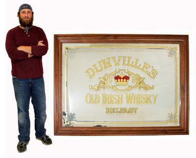 Antique reverse on glass pub mirror - Dunville's Irish Whisky. Early 20th century. 58 1/2"h x 82"w