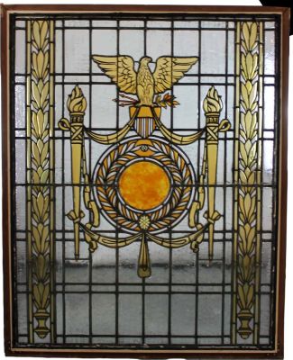 Stained and painted landing window with focal eagle. Glass has a resin top coat. From Olde 