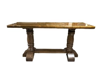 Double pedestal pub table in pine. From Olde Blind Dog Irish Pub, Atlanta, GA. 42 1/2"h x 84"l 