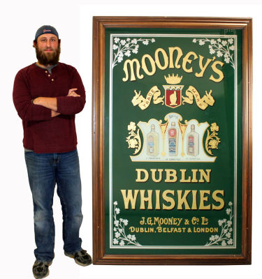 Irish Mooney's Dublin Whiskies pub mirror. Irish Mooney's Dublin Whiskey reverse painted pub 