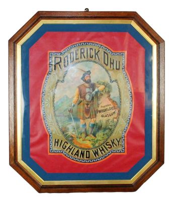 Roderick Dhu Highland Whiskey Advertisement. Framed under plexiglass in oak hexagonal frame. 