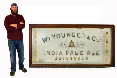 Monumental reverse on glass pub mirror Wm Younger & Co. Monumental Antique reverse on glass pub 
