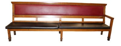 Antique oak train bench with Left side arm. Vinyl seat and back. Early 20th century. 42 1/2"h x 