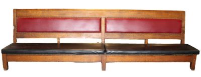 Antique oak train bench - no arms. Vinyl seat and back. Early 20th century. 38"h x 125"l x 23"d 