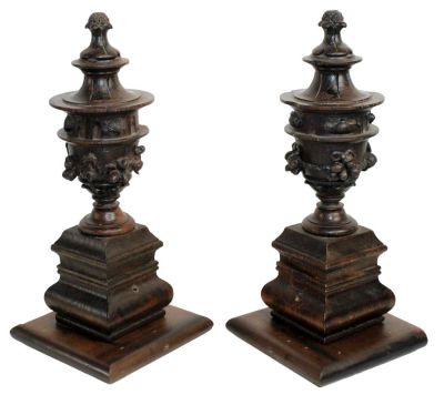 Pair of carved wooden newel post finials. From Olde Blind Dog Irish Pub, Atlanta, GA. 20th 
