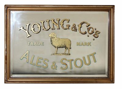 Reverse on glass pub mirror Young & Co's Ales & Stout. Reverse on glass pub mirror Young &amp; 