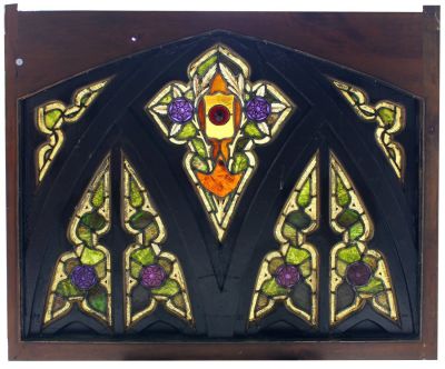 Antique English stained & leaded glass window in Gothic lancet arch frame. Antique English 