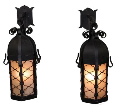 Pair wrought iron lantern form wall sconces. From Olde Blind Dog Irish Pub, Atlanta, GA 31"h x 