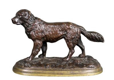 French miniature bronze statue of retrieving dog. Apparently unmarked. Late 19th century. 5"h x 