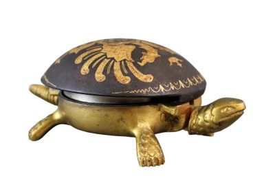 Spanish turtle form brass hotel bell with coat of arms. Push on head or tail to "ring" buzzer. 