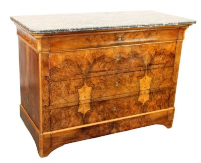 French Louis Philippe commode in walnut with burled drawer fronts and marble top. 19th century. 