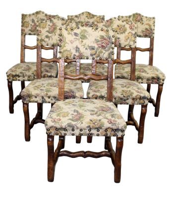 Set of 6 French os du mouton dining chairs. Set of 6 French studded floral upholstered dining 