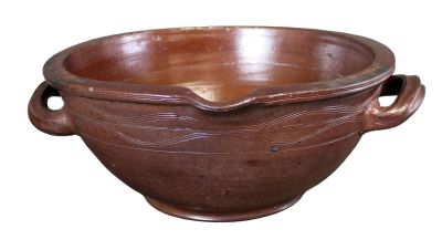 French glazed terracotta preserving bowl. Mid 20th century. 7"h x 19"w x 17 1/8" dia