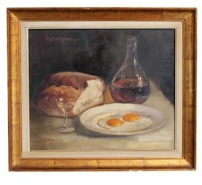 Georgios Mougios (1907-1983) oil on canvas painting still life with eggs, wine and bread. 