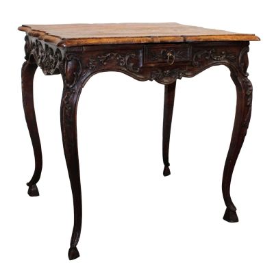 French Louis XV style carved oak side table with drawer. Carved apron, shaped top and on pied 