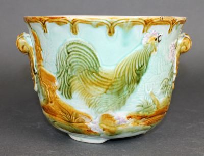 French Salins Majolica cachepot with rooster. Marked on the bottom. 6"h x 8 1/4" dia