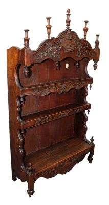 French Provincial carved oak estanier etagere cabinet with floral carving and focal basket. 