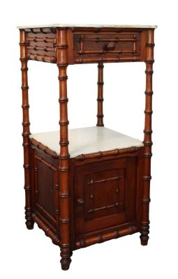 French faux bamboo tiered nightstand in pine with marble top. Early 20th century. 35 1/4"h x 16 