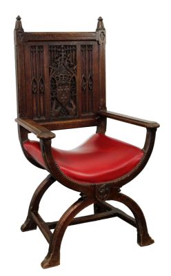 French Gothic Revival bishops throne chair. French Gothic Revival throne chair in oak with 