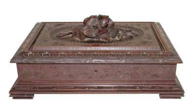 French Black Forest carved walnut dresser box. French Black Forest floral carved walnut dresser 