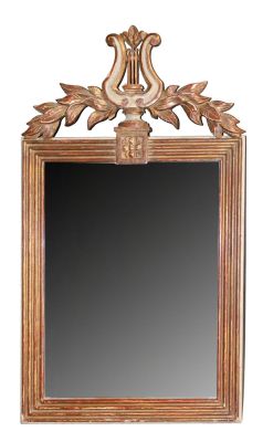 French Empire style mirror with harp and laurel leaves. French Empire style parcel gilt and 