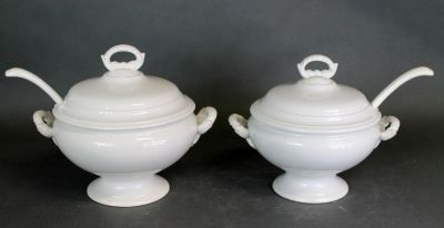 Lot of 2 Belgian Boch soup tureens with ladles. 10 1/2"h x 9 1/2" dia and 11 1/4"h x 10 1/2" 