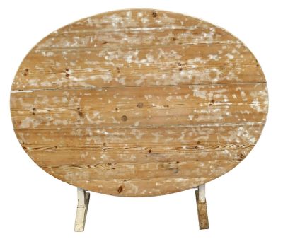 French tilt-top vintners table in pine with rubbed painted finish. Mid 20th century. Top down 