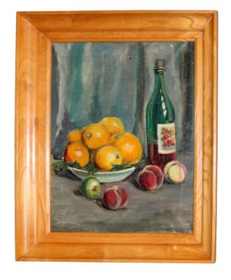 French oil on canvas painting still life with oranges and wine. Early 20th century. Overall 19 