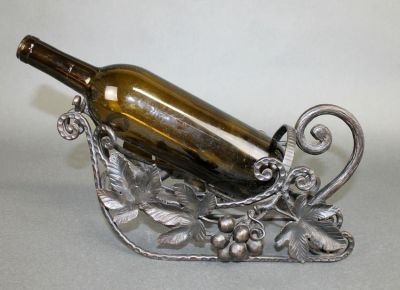 French wrought iron wine bottle caddy or holder with grape motif. Mid 20th century. 6 1/2"h x 