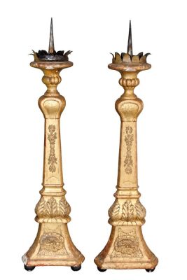Pair of French Empire gilt wood candlesticks. Late 19th century. 26 1/4"h x 6 3/4"w Condition: 