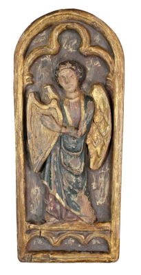 French relief carved polychrome panel with angel. Early 20th century. 17 1/2"h x 7 1/8"w x 2"d. 
