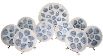 Set of 8 French ceramic oyster plates and platter. Mid 20th century. Plates 9 7/8" dia, platter 