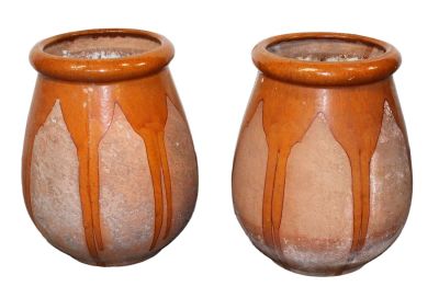 Pair of French slip glazed terra cotta biots pots. 20th century. 20"h x approx 16" dia 