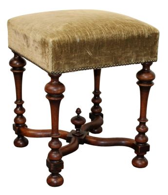 French Louis XIV style stool in walnut with upholstered seat and nail head trim. Late 19th 