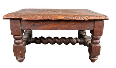 French carved oak miniature footstool with barley twist base and floral motif. Early 20th 