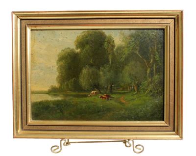 French Miniature oil on board pastoral landscape with cows. In gold leaf frame. Unsigned. Early 