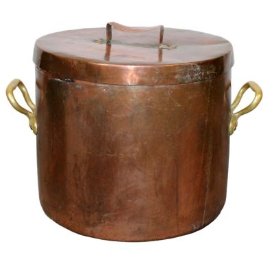 Large French copper stock pot with lid. Late 19th century. 16 1/4"h x 21"w x 15 3/4" dia