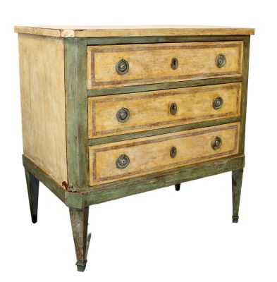 French Louis XVI style painted 3 drawer commode. On tapered legs. Mid 20th century. 31 3/8"h x 
