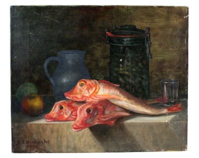 French oil on canvas still life painting with fish signed l/l S. Lavanche, 1968. 14 7/8"h x 18"w