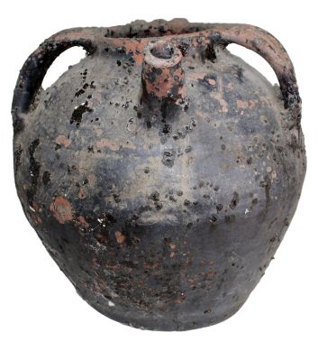 French terra cotta 3 handled pitcher with spout. Early 20th century. 12"h x 11 1/2"w x 12 1/2"d