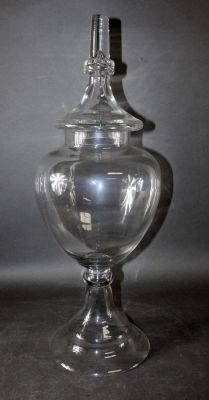 Footed glass apothecary jar with lid. 21 1/2"h x 9"dia