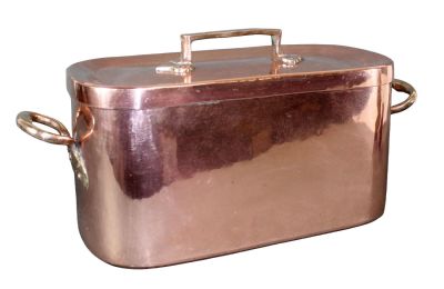 Antique French copper daubiere (stew) pot with lid. 19th century. 10"h x 20 1/2"l x 8 7/8"w