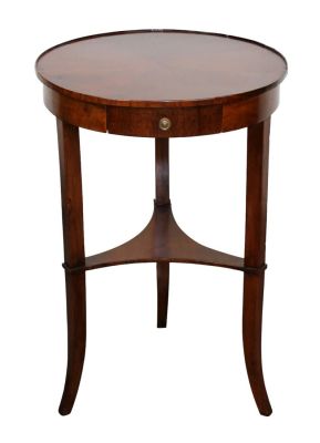 Petite Italian round side table with drawer. Sunburst veneer top. Marked on the underside "Made 