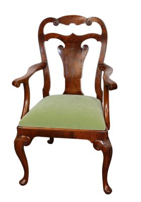 Georgian style carved armchair with mohair seat. Georgian style carved walnut armchair with 