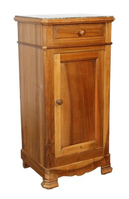 French Louis Philippe walnut chevet with marble top. Late 19th century. 32"h x 16"w x 13"d